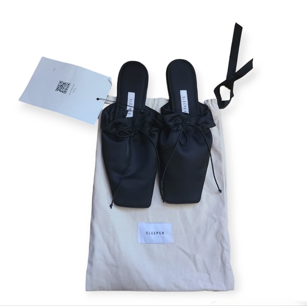 New Sleeper Women's The Puff Satin Mule Slippers in Black Size 8/38